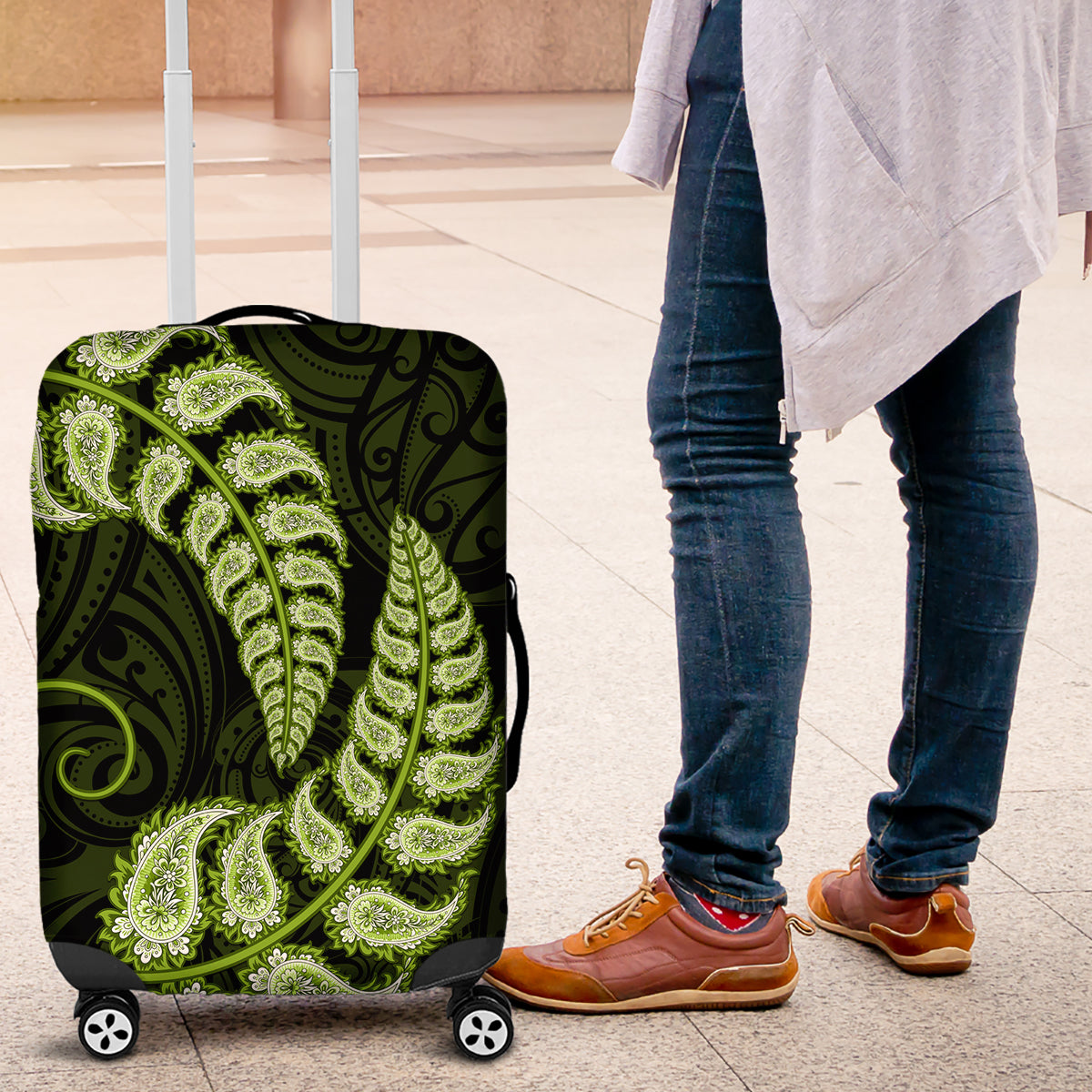 Green New Zealand Paisley Silver Fern Luggage Cover Aotearoa Maori - Vibe Hoodie Shop