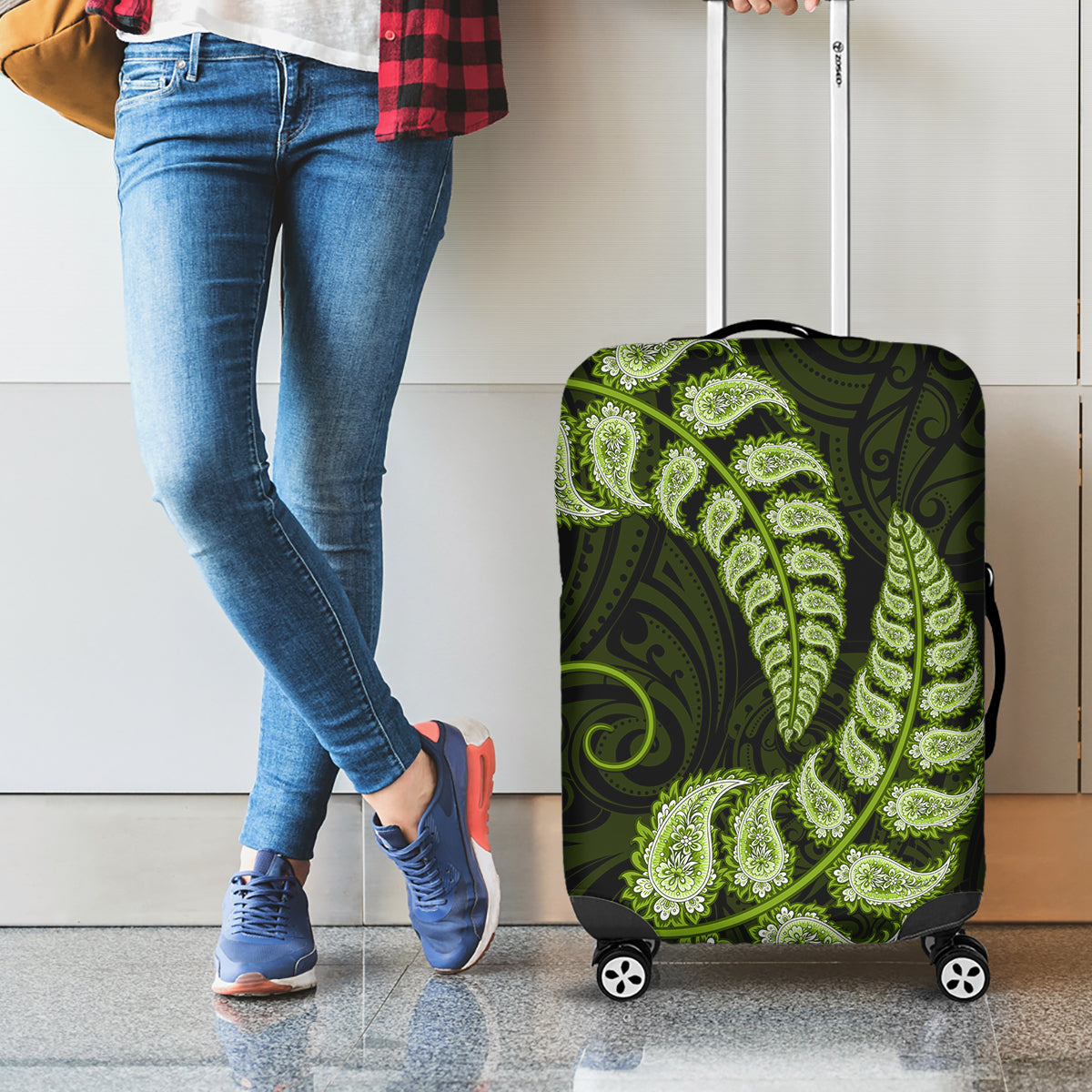 Green New Zealand Paisley Silver Fern Luggage Cover Aotearoa Maori - Vibe Hoodie Shop