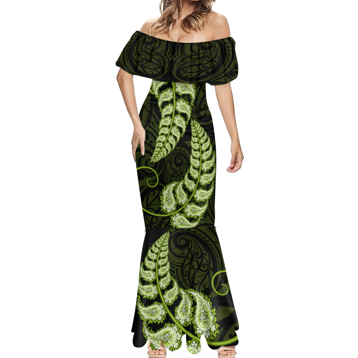 green-new-zealand-paisley-silver-fern-mermaid-dress-aotearoa-maori