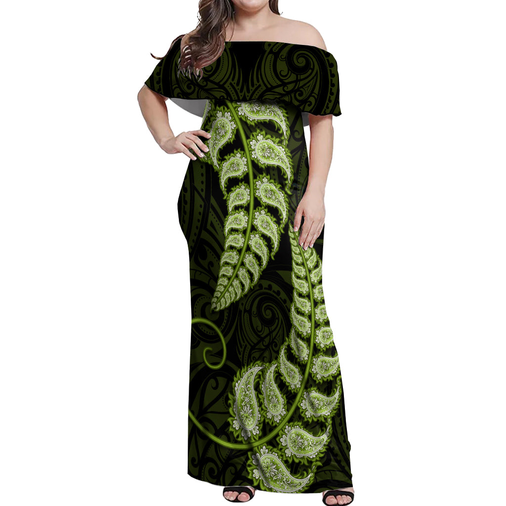 green-new-zealand-paisley-silver-fern-off-shoulder-maxi-dress-aotearoa-maori