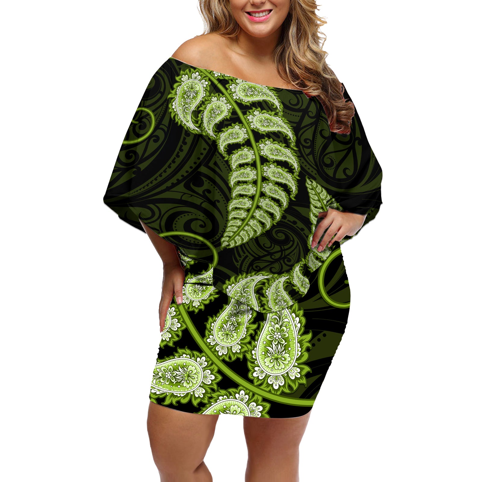 green-new-zealand-paisley-silver-fern-off-shoulder-short-dress-aotearoa-maori