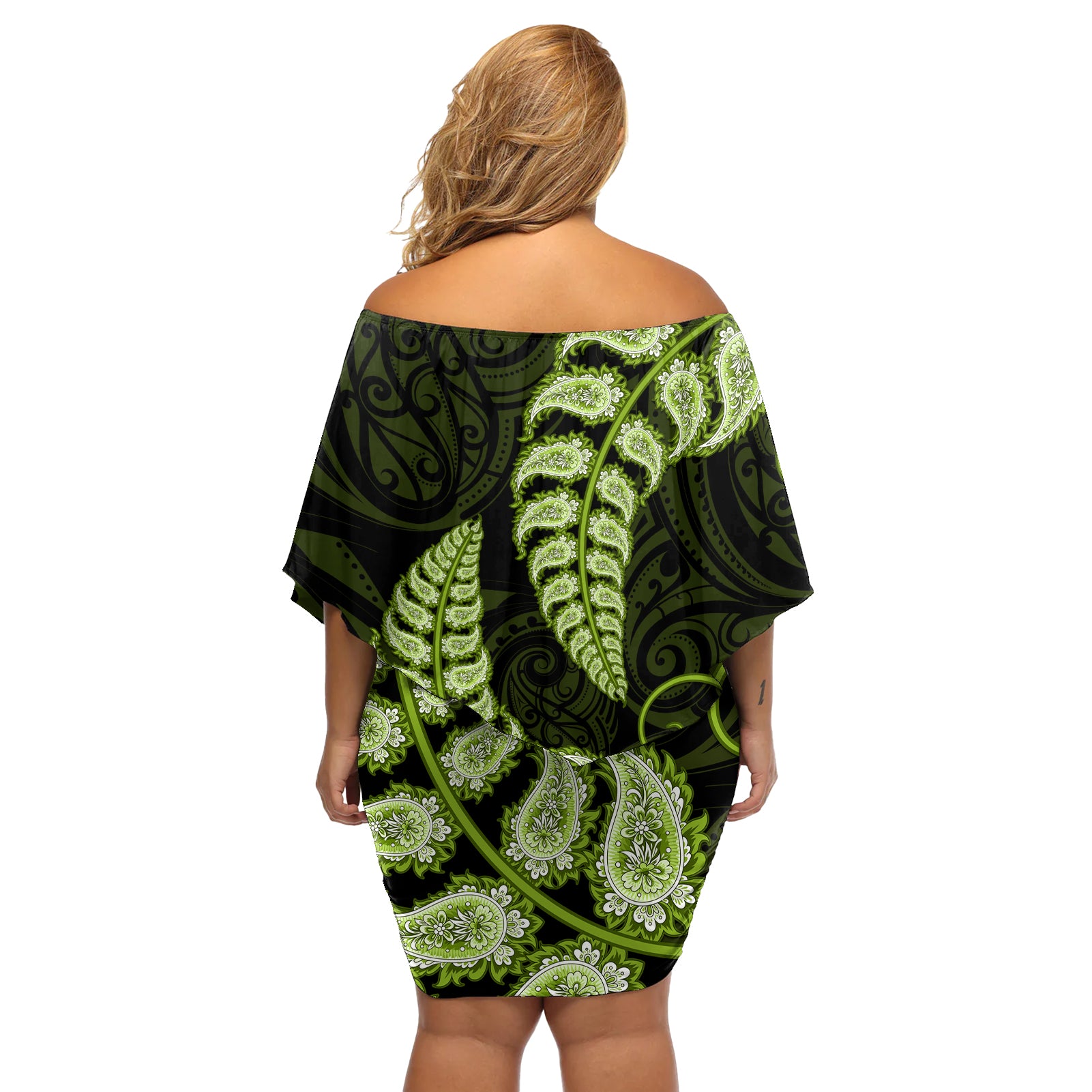 green-new-zealand-paisley-silver-fern-off-shoulder-short-dress-aotearoa-maori