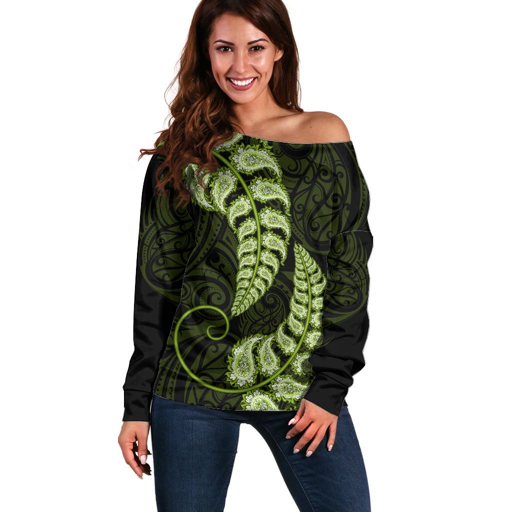 Green New Zealand Paisley Silver Fern Off Shoulder Sweater Aotearoa Maori - Vibe Hoodie Shop