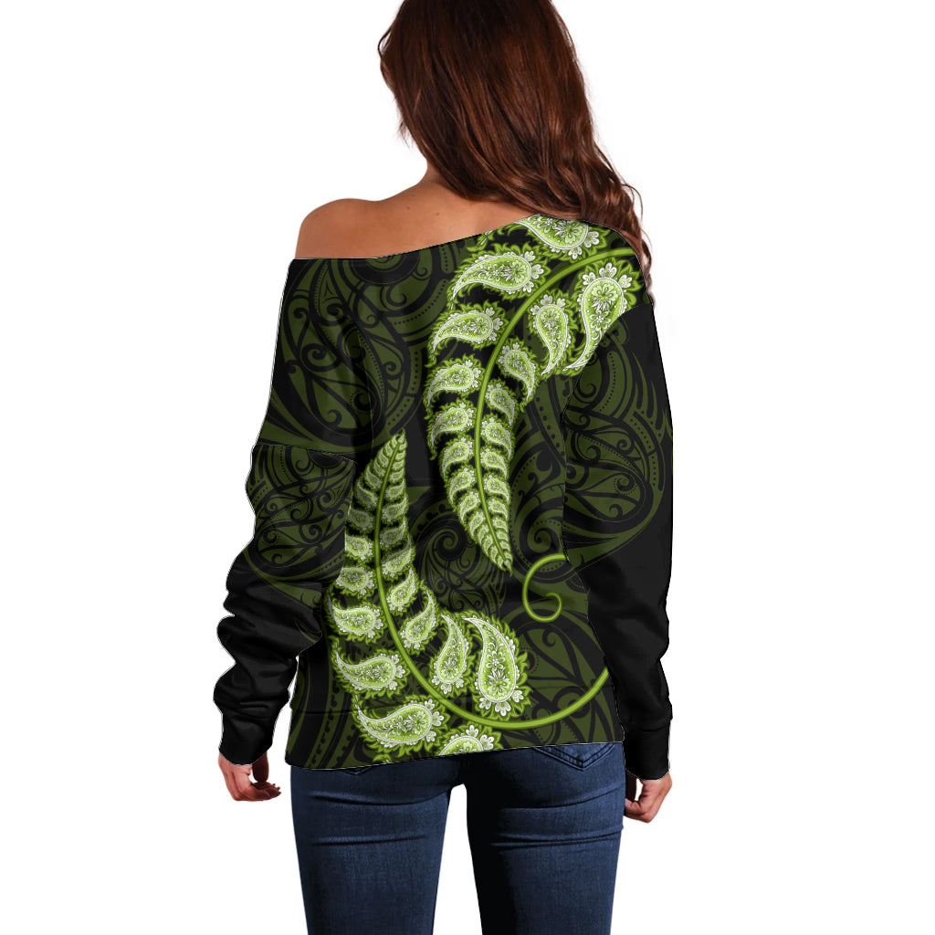 Green New Zealand Paisley Silver Fern Off Shoulder Sweater Aotearoa Maori - Vibe Hoodie Shop