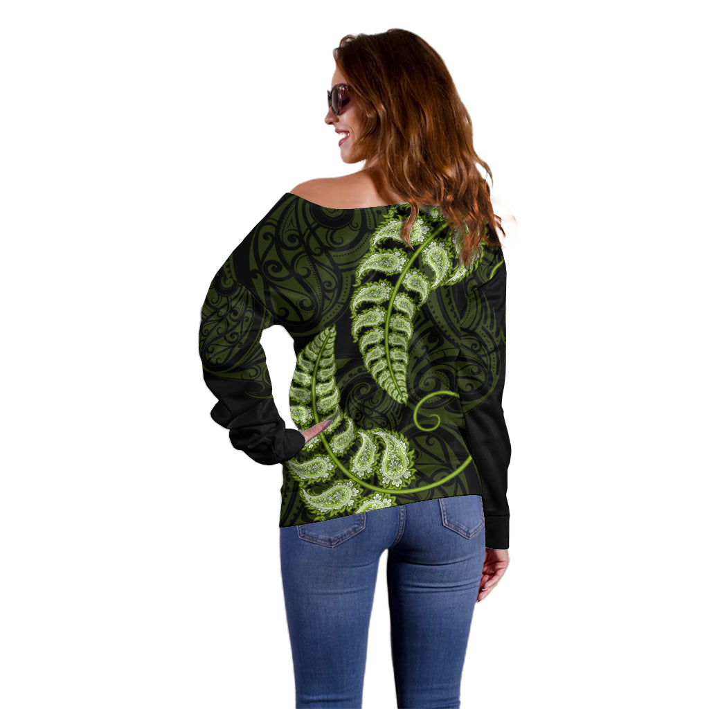 Green New Zealand Paisley Silver Fern Off Shoulder Sweater Aotearoa Maori - Vibe Hoodie Shop