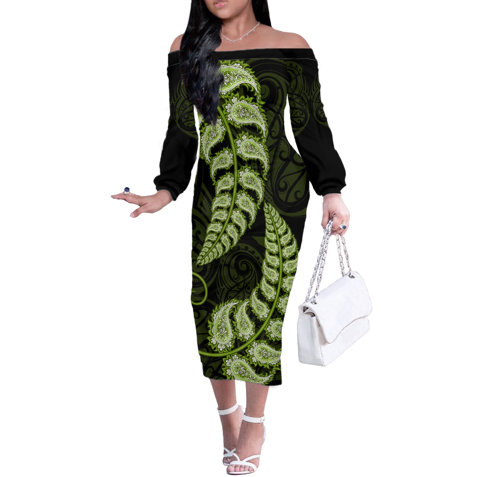 green-new-zealand-paisley-silver-fern-off-the-shoulder-long-sleeve-dress-aotearoa-maori