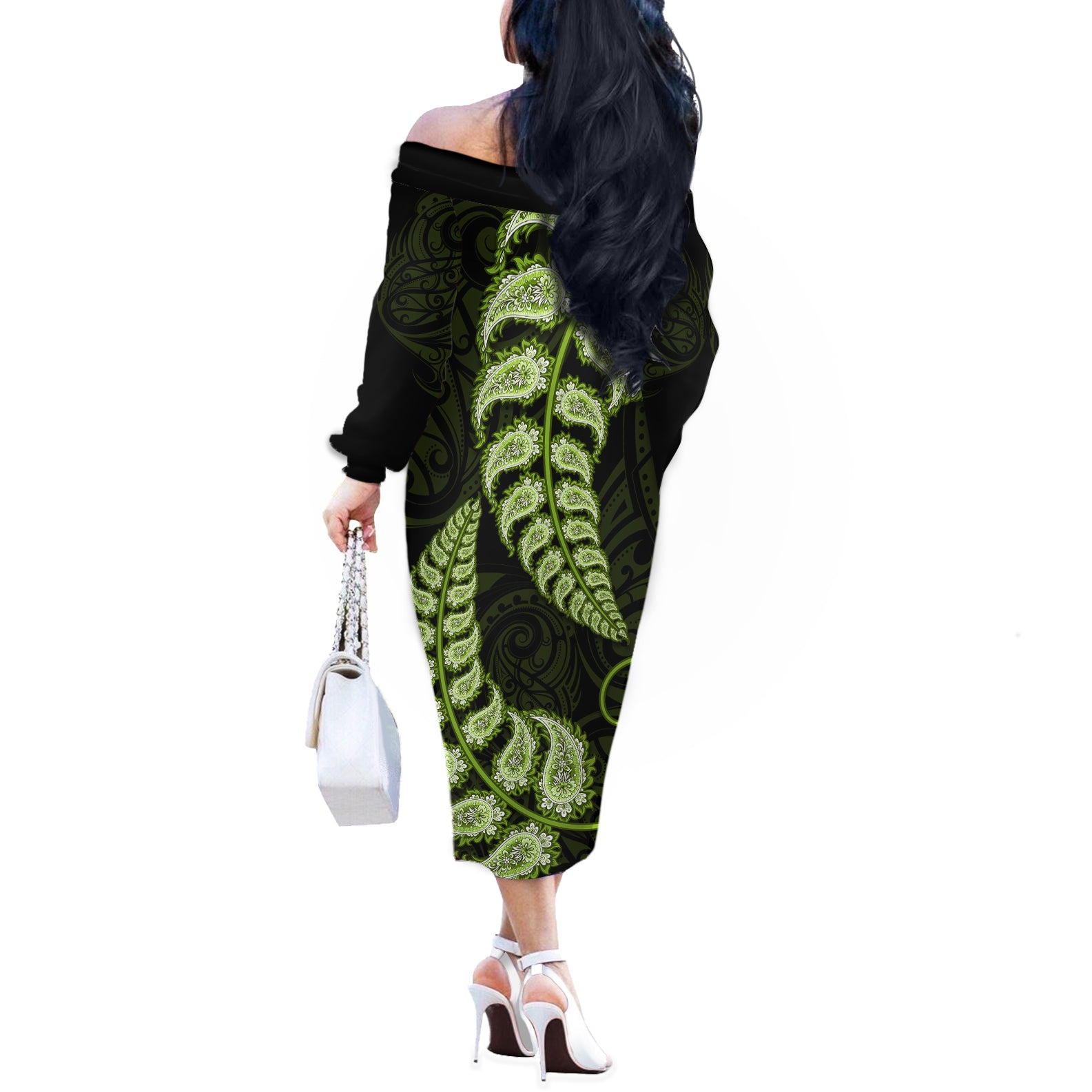 green-new-zealand-paisley-silver-fern-off-the-shoulder-long-sleeve-dress-aotearoa-maori