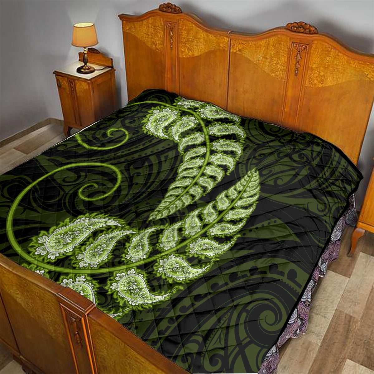 Green New Zealand Paisley Silver Fern Quilt Aotearoa Maori - Vibe Hoodie Shop