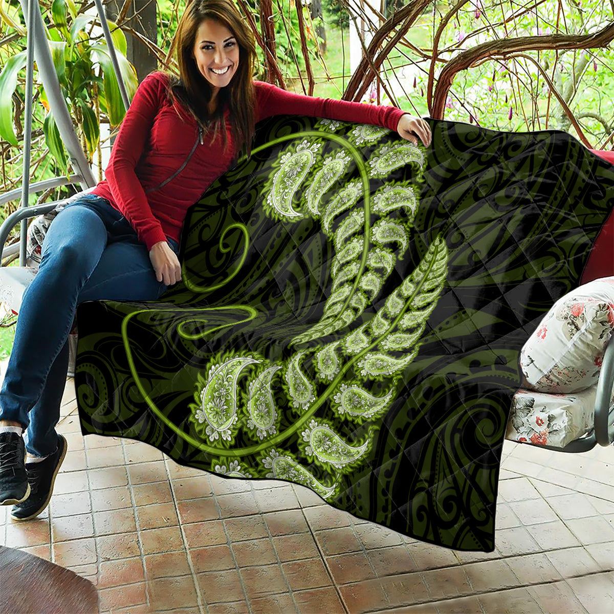 Green New Zealand Paisley Silver Fern Quilt Aotearoa Maori - Vibe Hoodie Shop