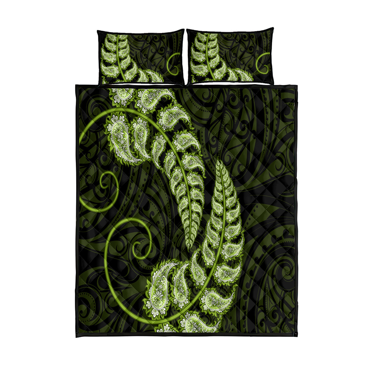 Green New Zealand Paisley Silver Fern Quilt Bed Set Aotearoa Maori - Vibe Hoodie Shop