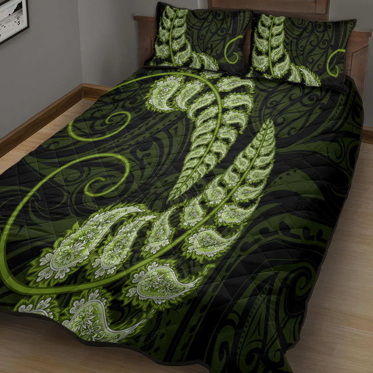 Green New Zealand Paisley Silver Fern Quilt Bed Set Aotearoa Maori - Vibe Hoodie Shop