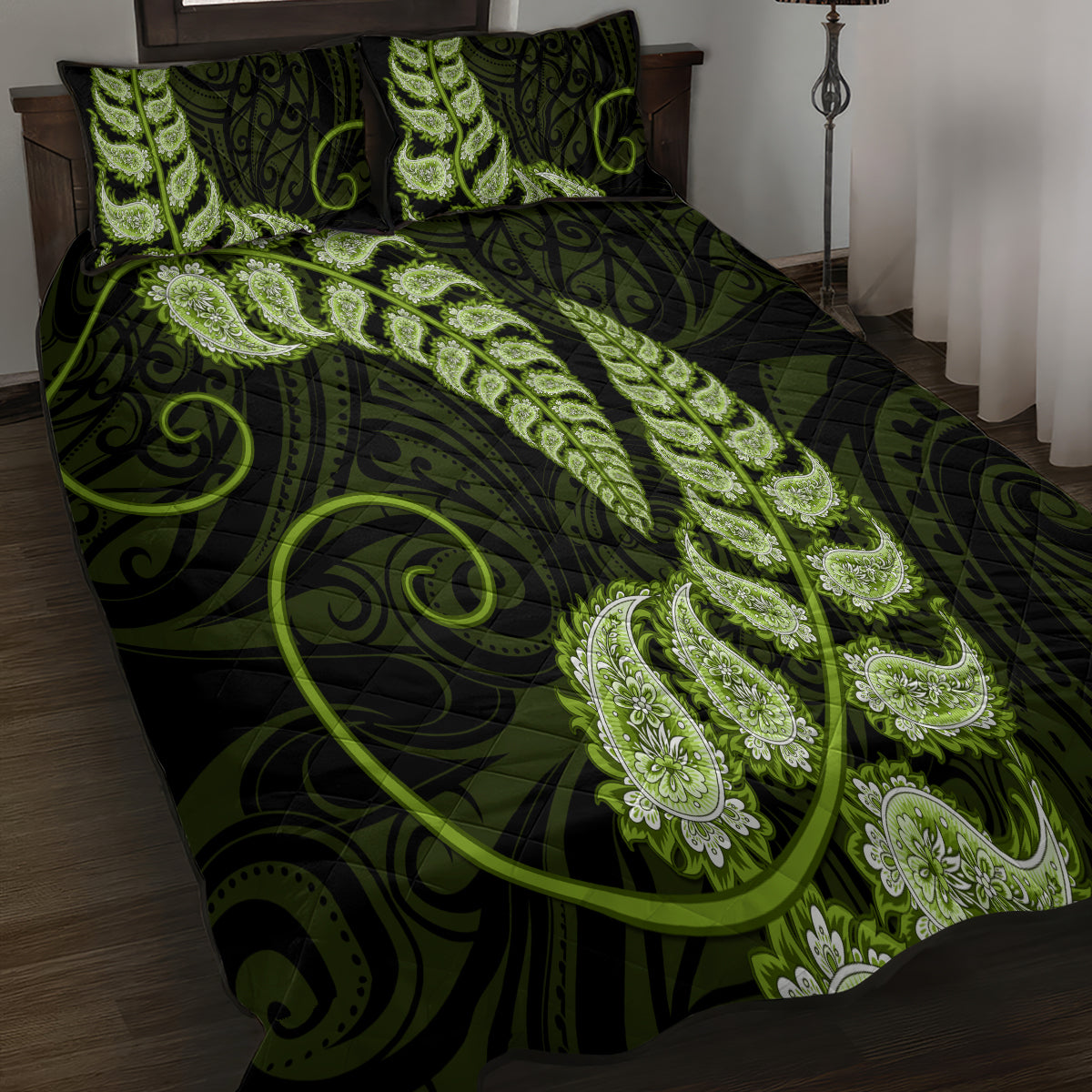 Green New Zealand Paisley Silver Fern Quilt Bed Set Aotearoa Maori - Vibe Hoodie Shop