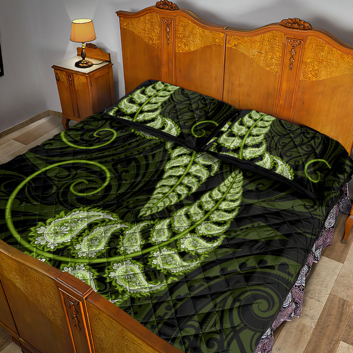 Green New Zealand Paisley Silver Fern Quilt Bed Set Aotearoa Maori - Vibe Hoodie Shop