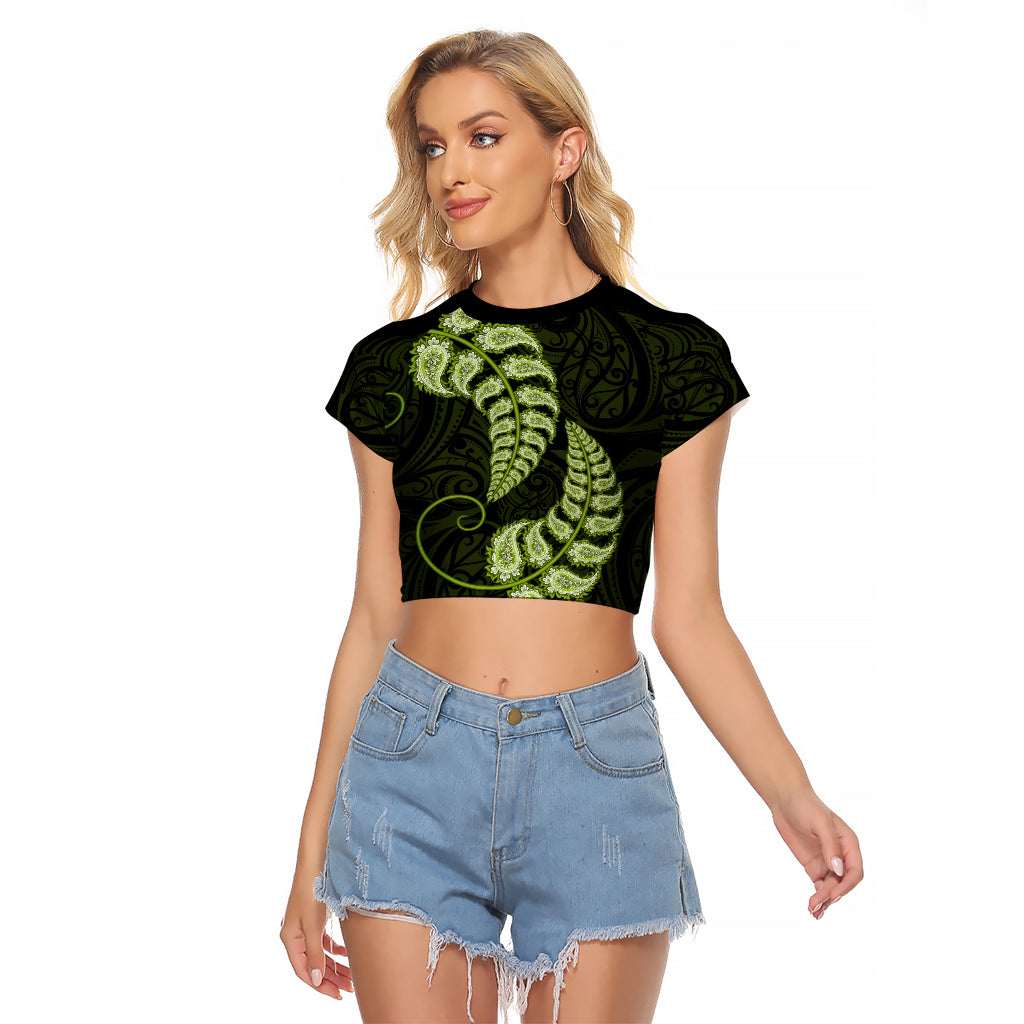 Green New Zealand Paisley Silver Fern Raglan Cropped T Shirt Aotearoa Maori - Vibe Hoodie Shop