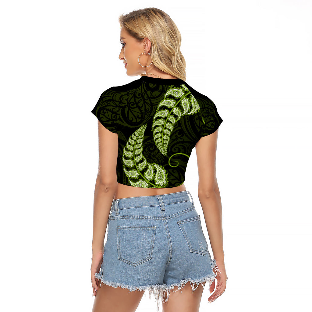 Green New Zealand Paisley Silver Fern Raglan Cropped T Shirt Aotearoa Maori - Vibe Hoodie Shop