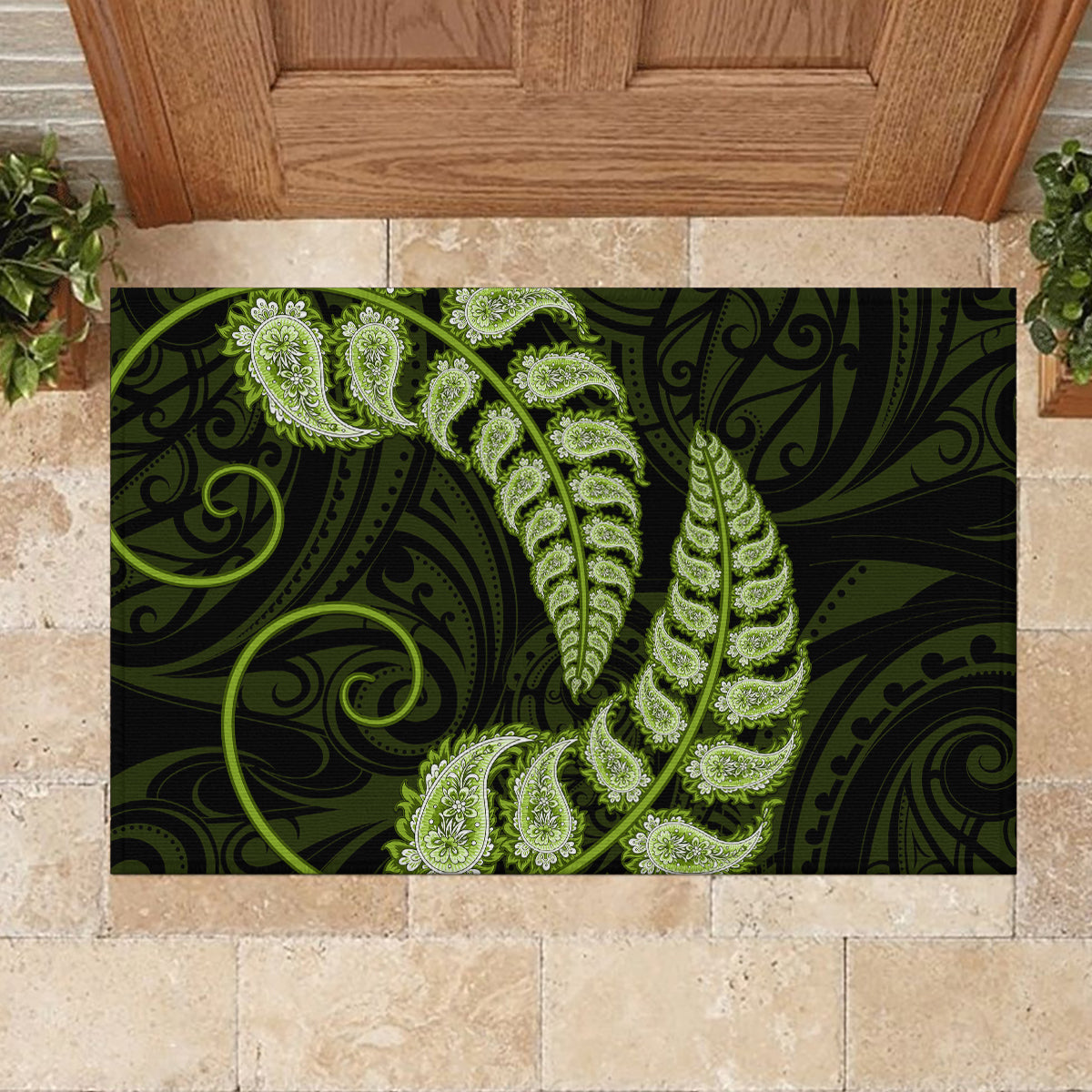 green-new-zealand-paisley-silver-fern-rubber-doormat-aotearoa-maori