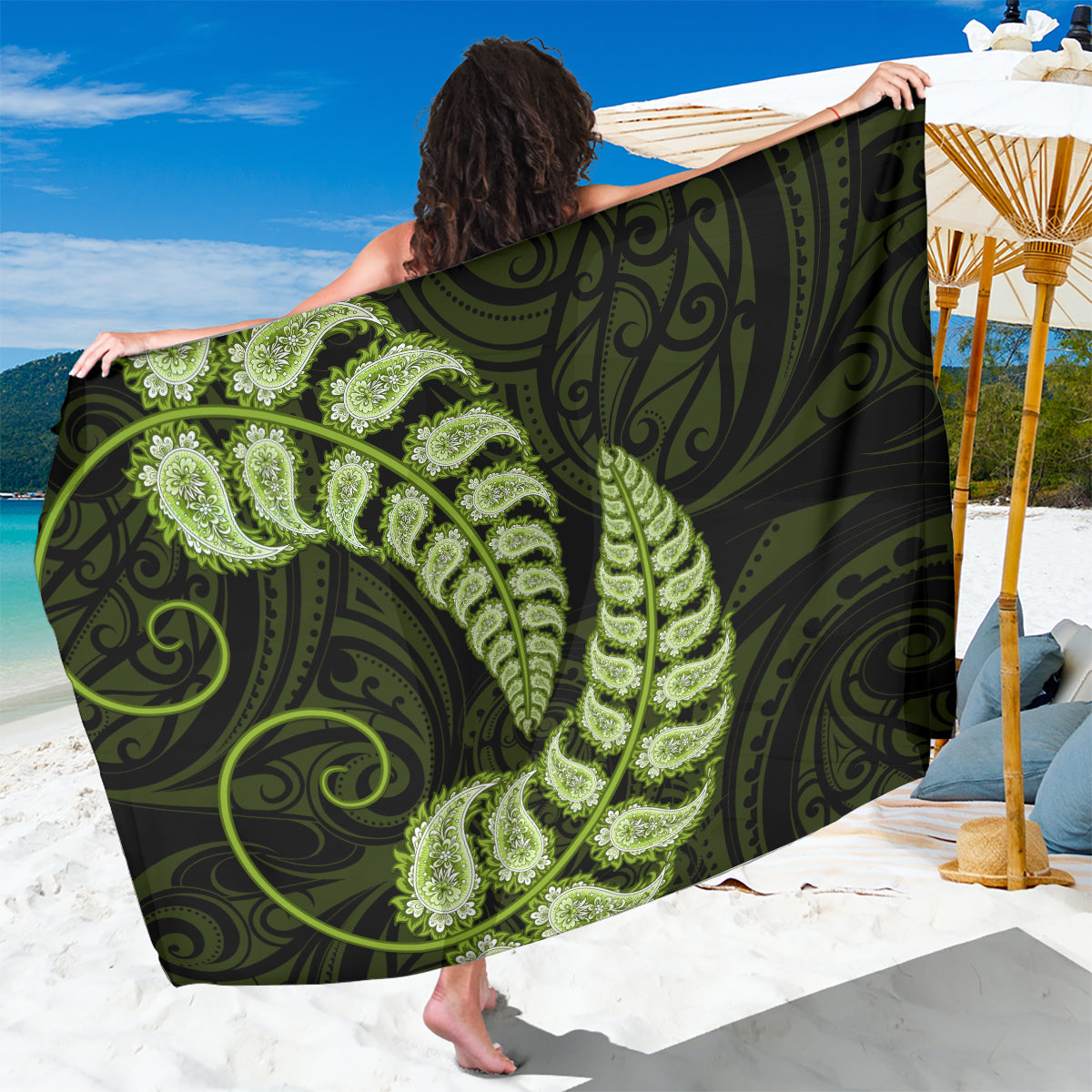 Green New Zealand Paisley Silver Fern Sarong Aotearoa Maori - Vibe Hoodie Shop