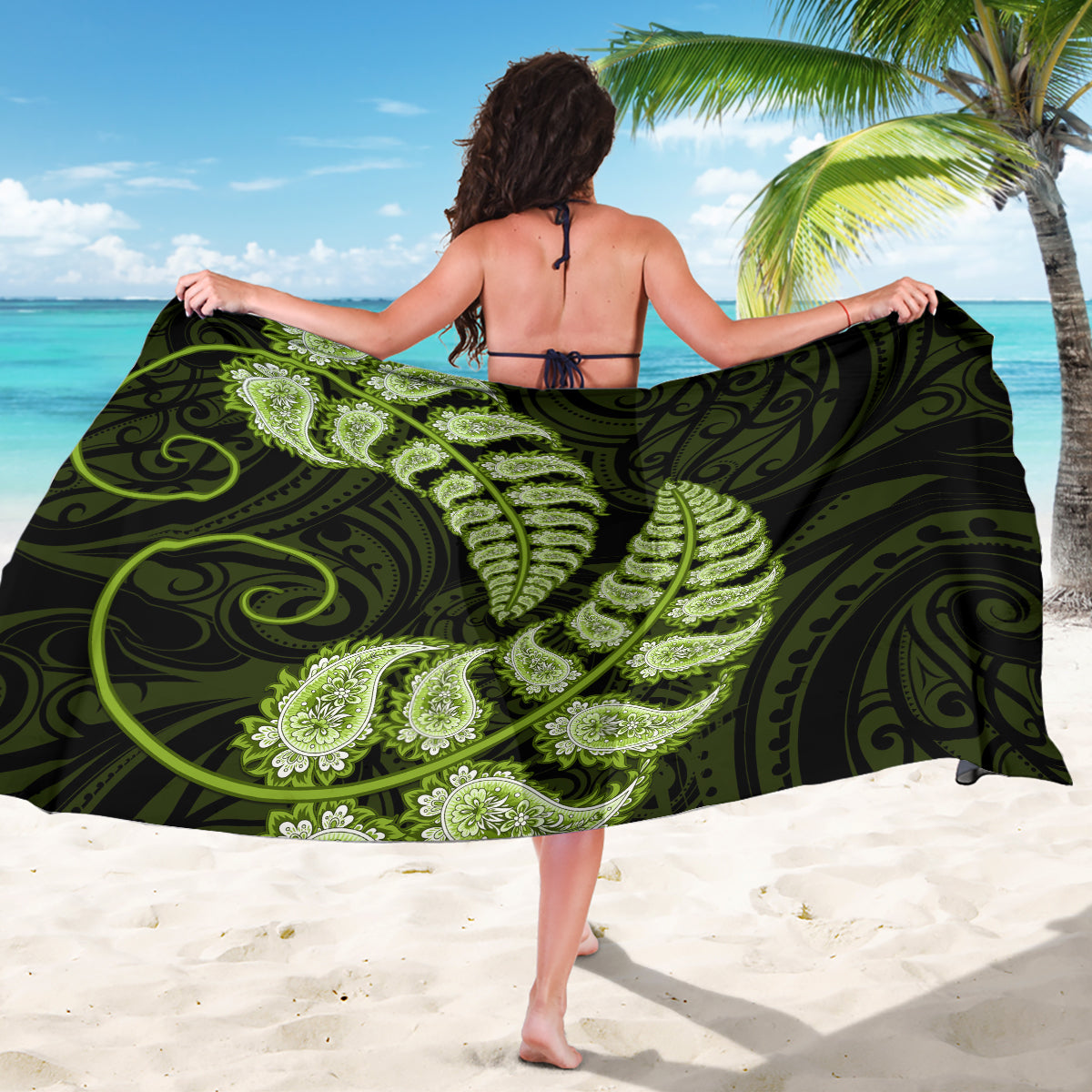 Green New Zealand Paisley Silver Fern Sarong Aotearoa Maori - Vibe Hoodie Shop