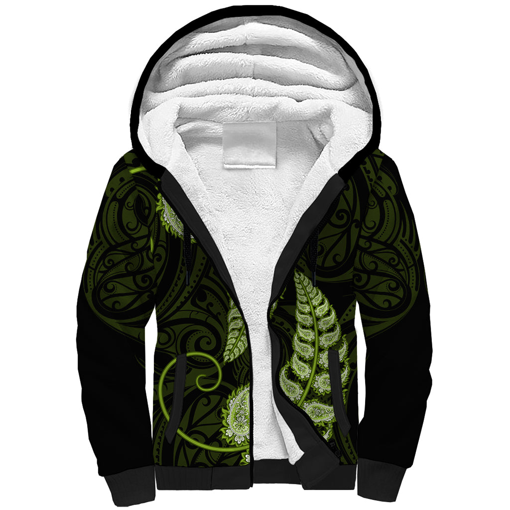 Green New Zealand Paisley Silver Fern Sherpa Hoodie Aotearoa Maori - Vibe Hoodie Shop