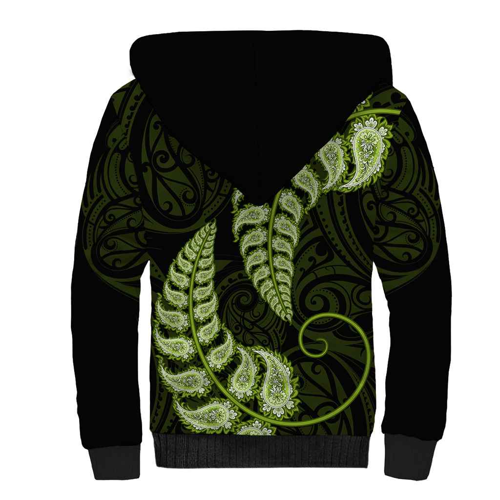 Green New Zealand Paisley Silver Fern Sherpa Hoodie Aotearoa Maori - Vibe Hoodie Shop