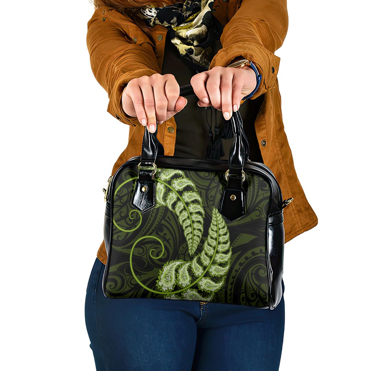 Green New Zealand Paisley Silver Fern Shoulder Handbag Aotearoa Maori - Vibe Hoodie Shop