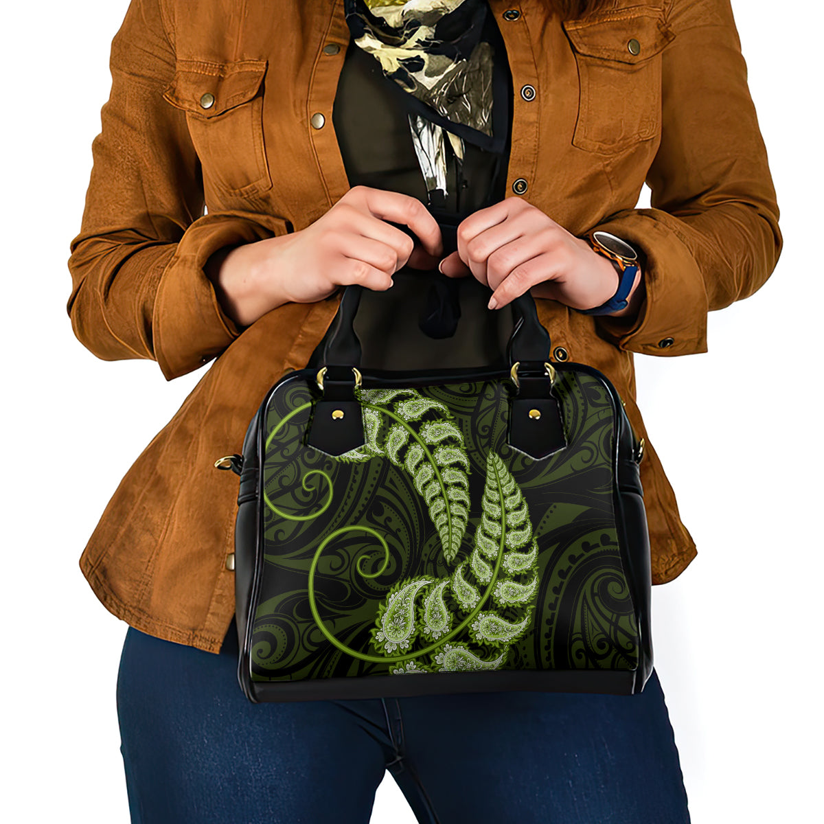 Green New Zealand Paisley Silver Fern Shoulder Handbag Aotearoa Maori - Vibe Hoodie Shop