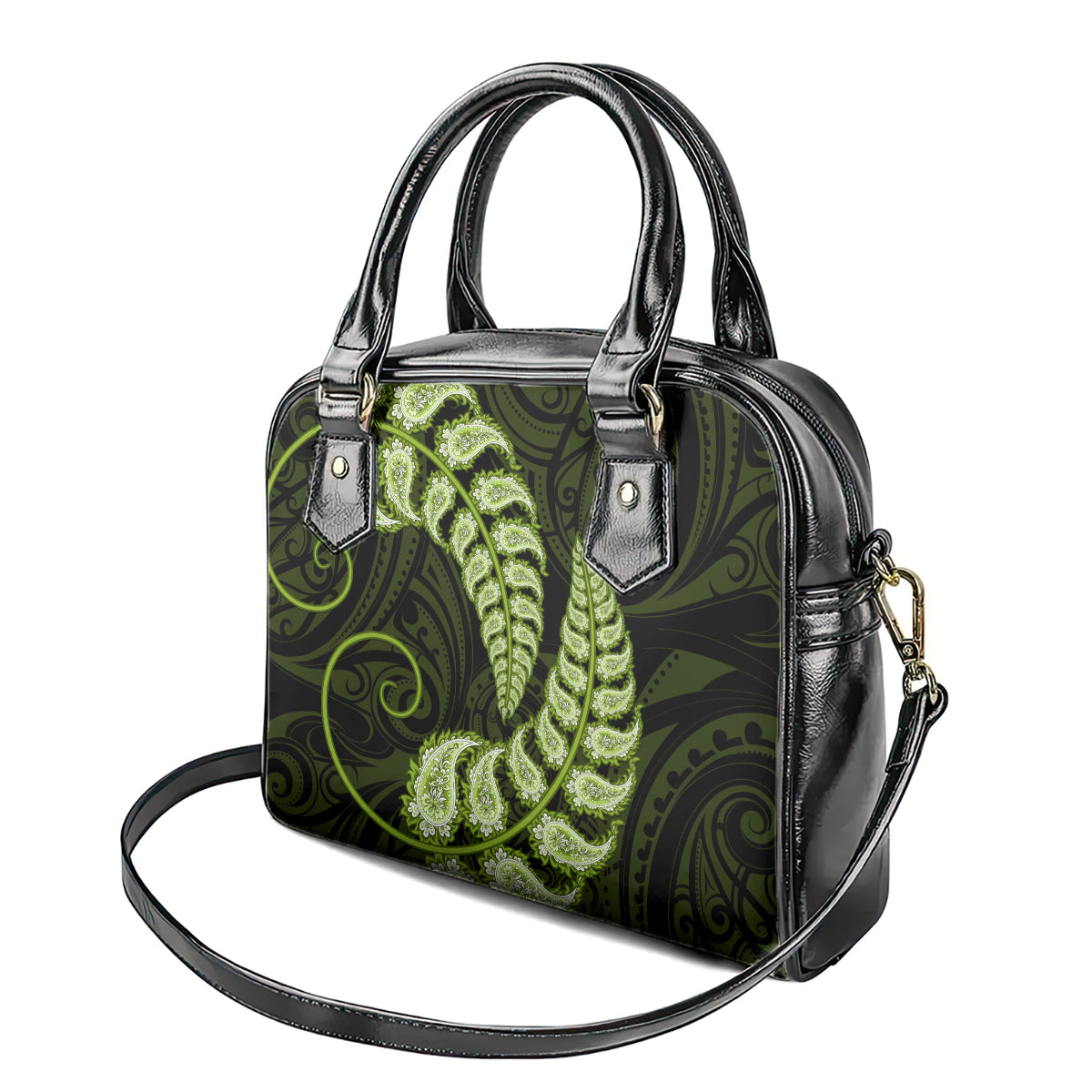 Green New Zealand Paisley Silver Fern Shoulder Handbag Aotearoa Maori - Vibe Hoodie Shop