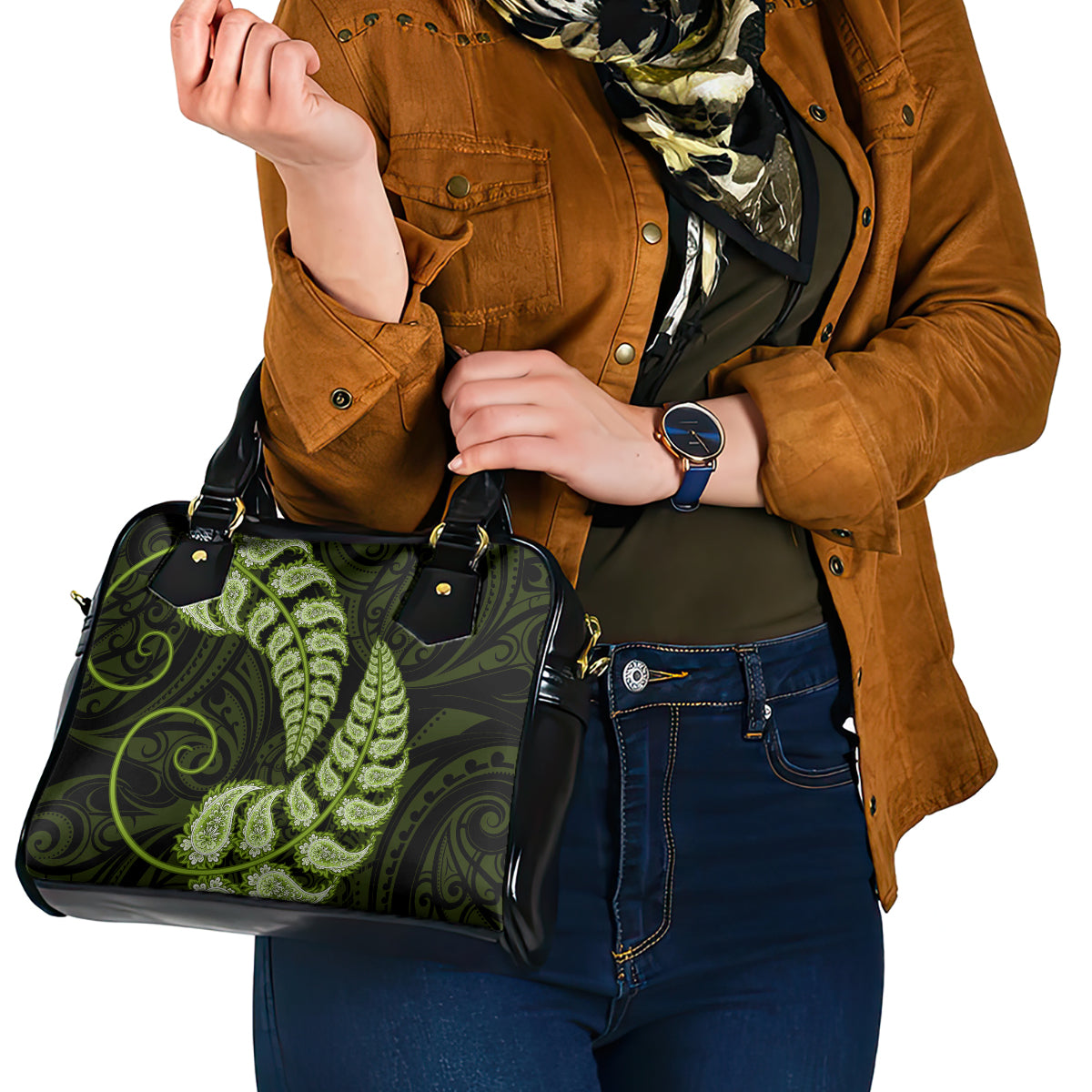 Green New Zealand Paisley Silver Fern Shoulder Handbag Aotearoa Maori - Vibe Hoodie Shop