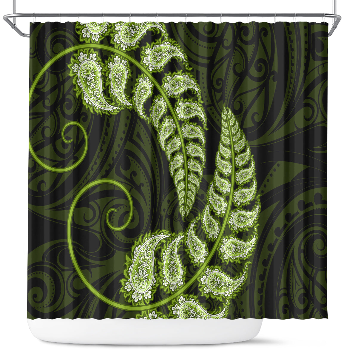 green-new-zealand-paisley-silver-fern-shower-curtain-aotearoa-maori