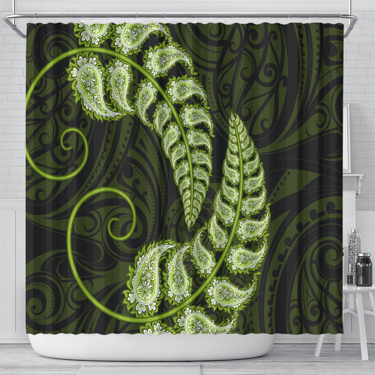 green-new-zealand-paisley-silver-fern-shower-curtain-aotearoa-maori