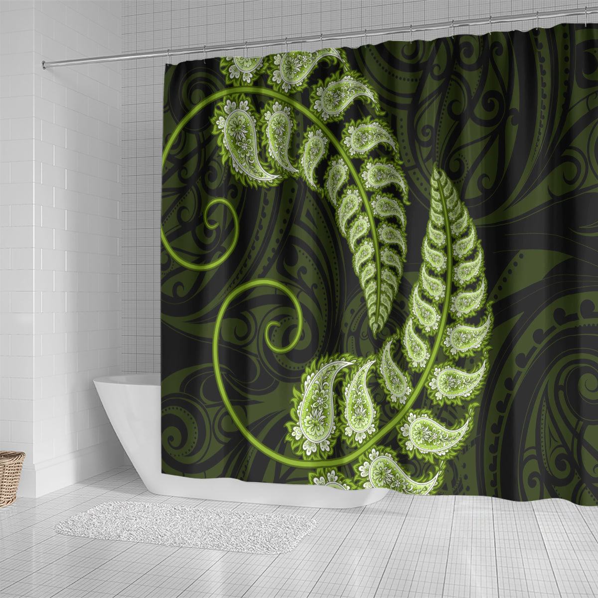 green-new-zealand-paisley-silver-fern-shower-curtain-aotearoa-maori