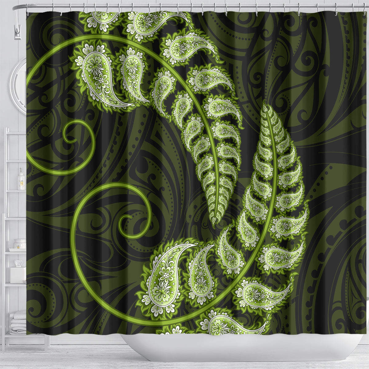 green-new-zealand-paisley-silver-fern-shower-curtain-aotearoa-maori