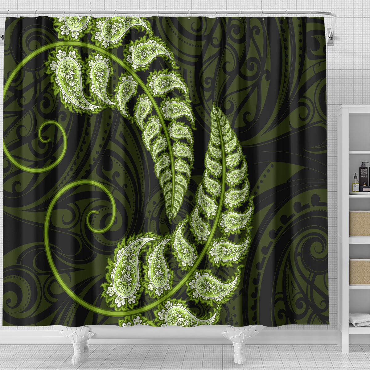 green-new-zealand-paisley-silver-fern-shower-curtain-aotearoa-maori