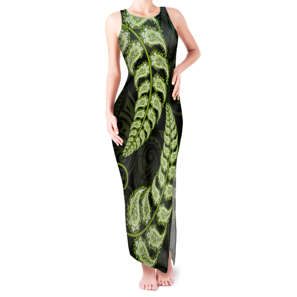 green-new-zealand-paisley-silver-fern-tank-maxi-dress-aotearoa-maori