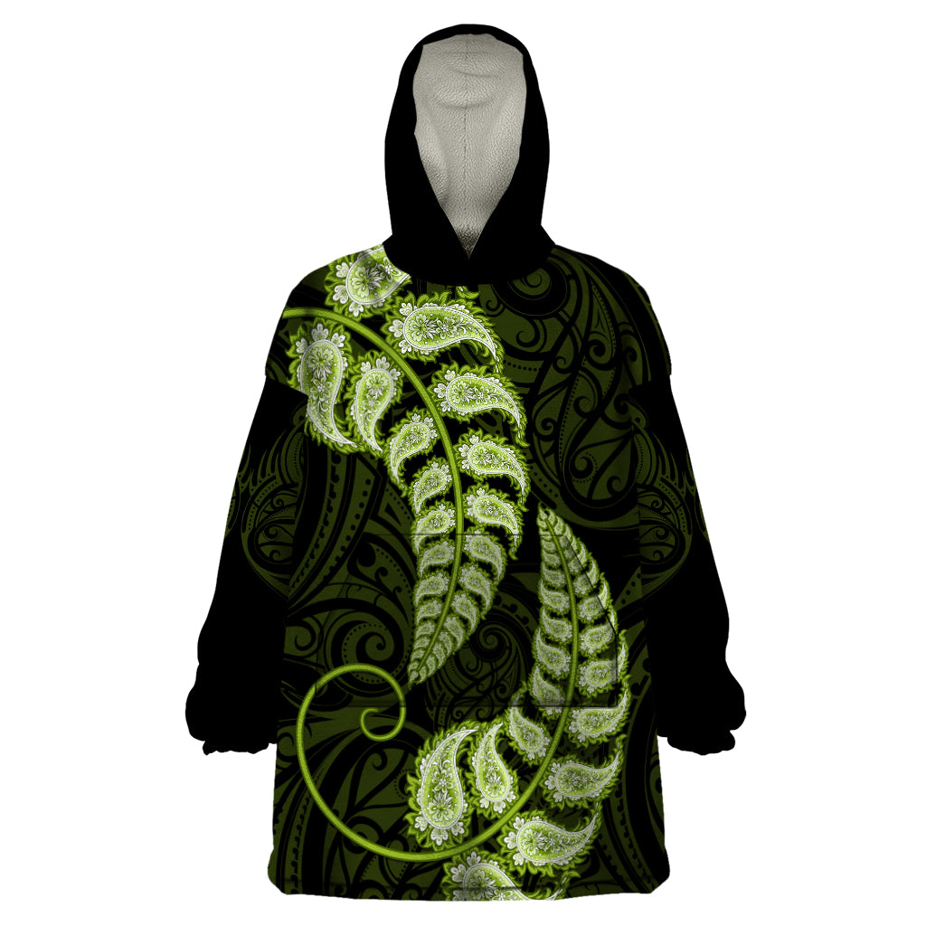 Green New Zealand Paisley Silver Fern Wearable Blanket Hoodie Aotearoa Maori - Vibe Hoodie Shop