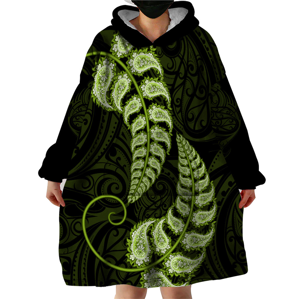 Green New Zealand Paisley Silver Fern Wearable Blanket Hoodie Aotearoa Maori - Vibe Hoodie Shop