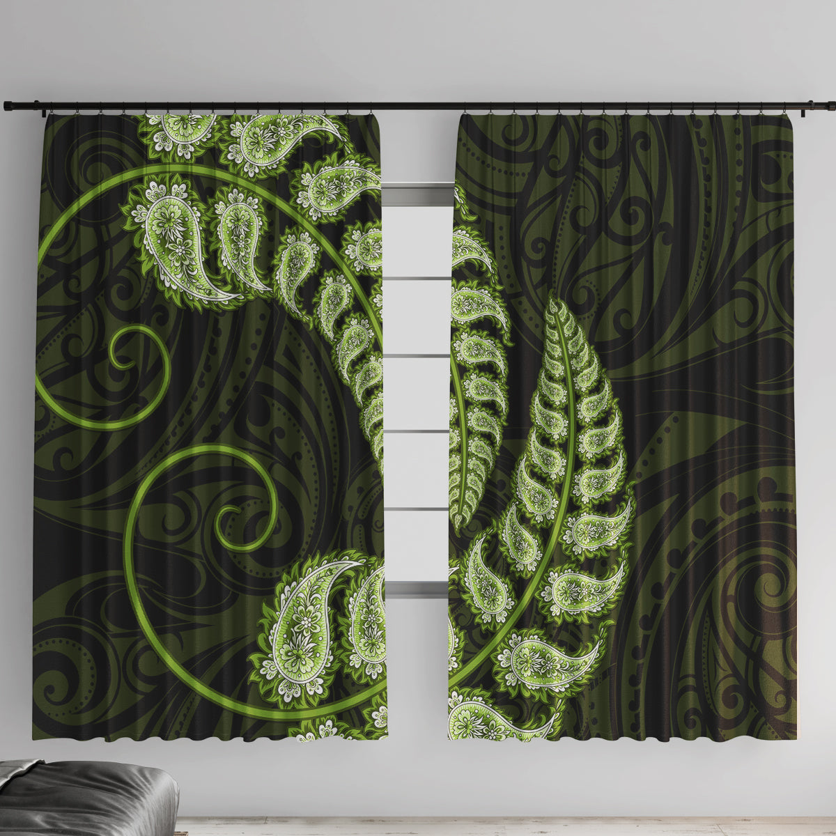 green-new-zealand-paisley-silver-fern-window-curtain-aotearoa-maori