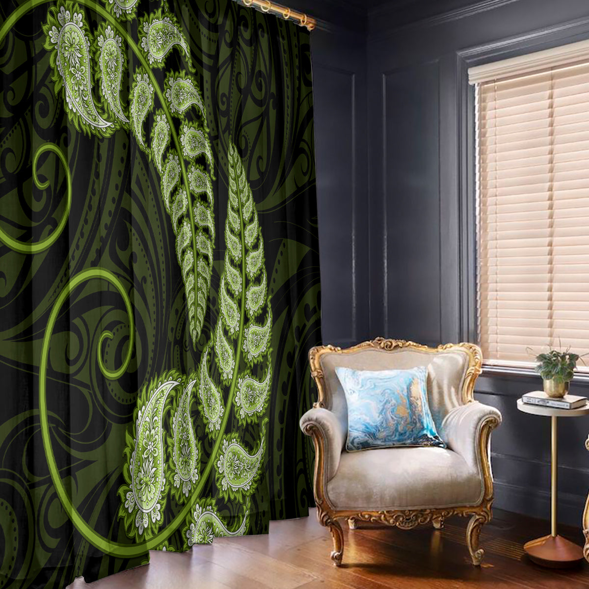 green-new-zealand-paisley-silver-fern-window-curtain-aotearoa-maori