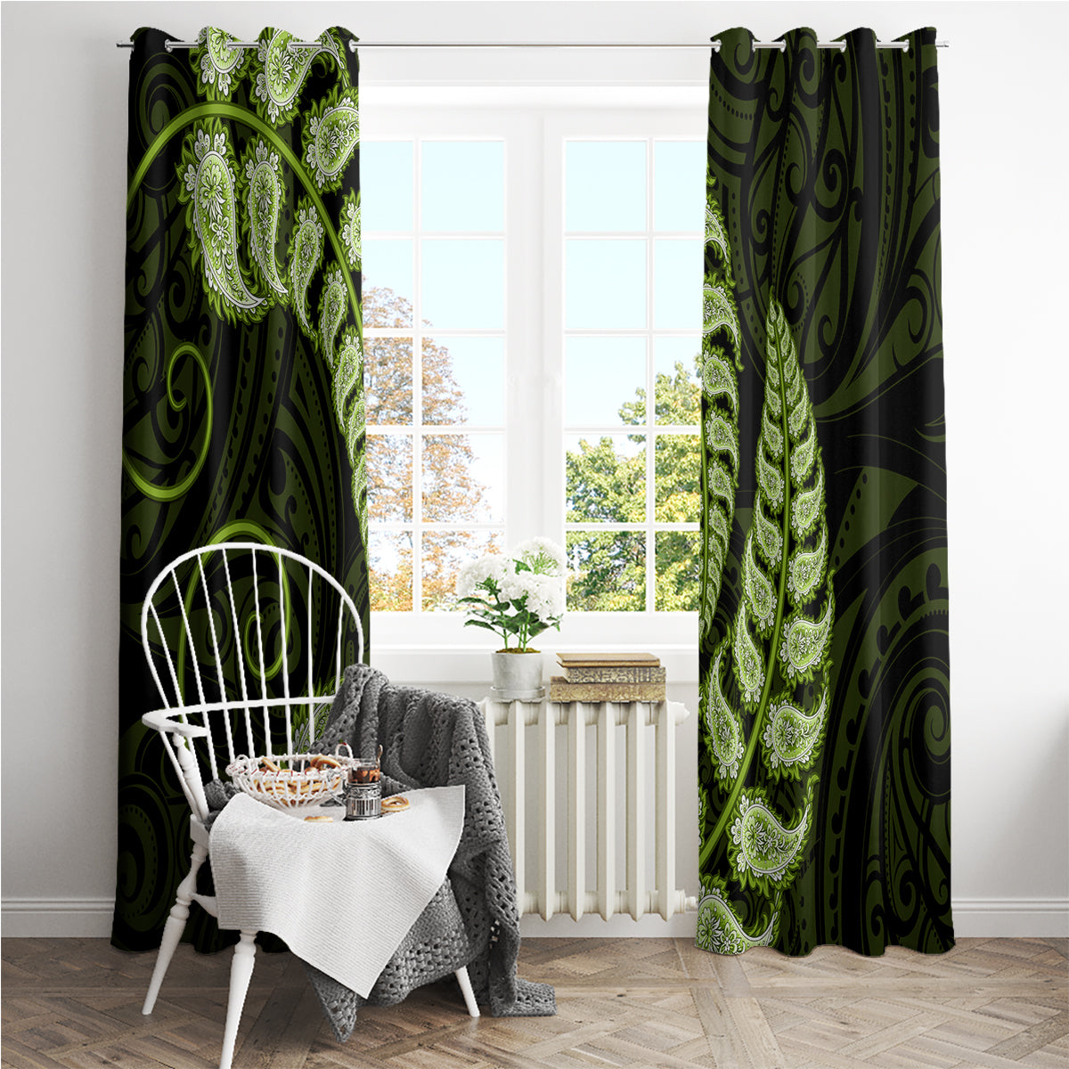 green-new-zealand-paisley-silver-fern-window-curtain-aotearoa-maori