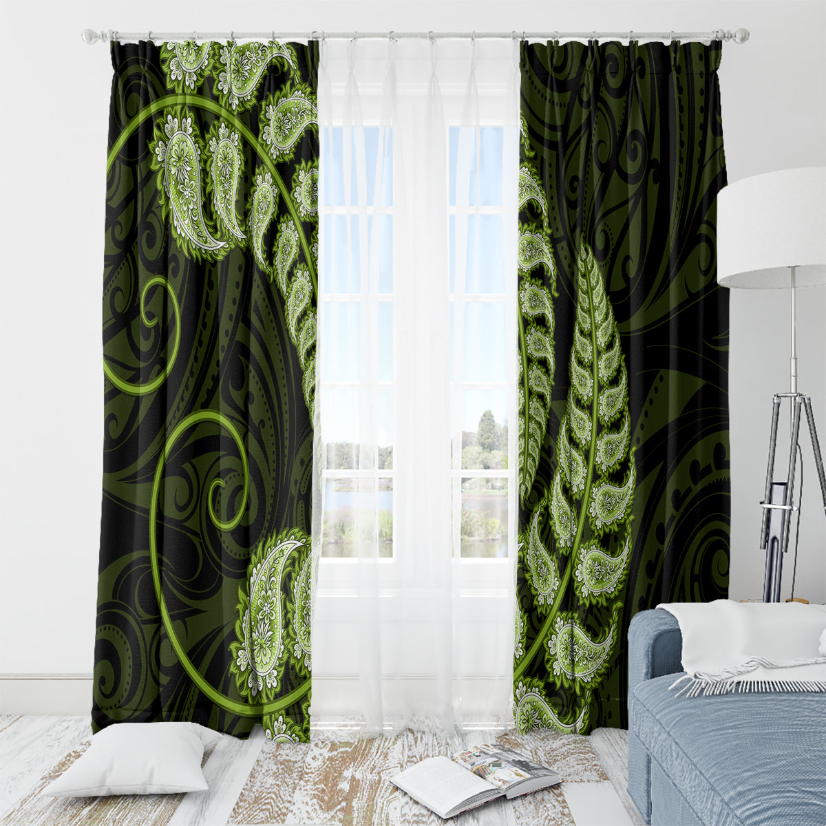 green-new-zealand-paisley-silver-fern-window-curtain-aotearoa-maori