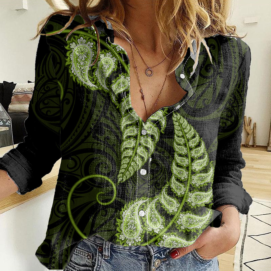 Green New Zealand Paisley Silver Fern Women Casual Shirt Aotearoa Maori - Vibe Hoodie Shop