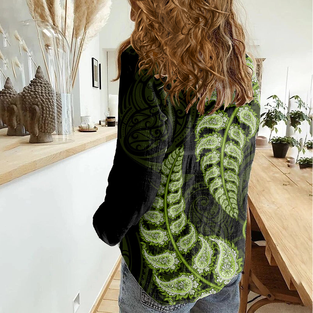 Green New Zealand Paisley Silver Fern Women Casual Shirt Aotearoa Maori - Vibe Hoodie Shop