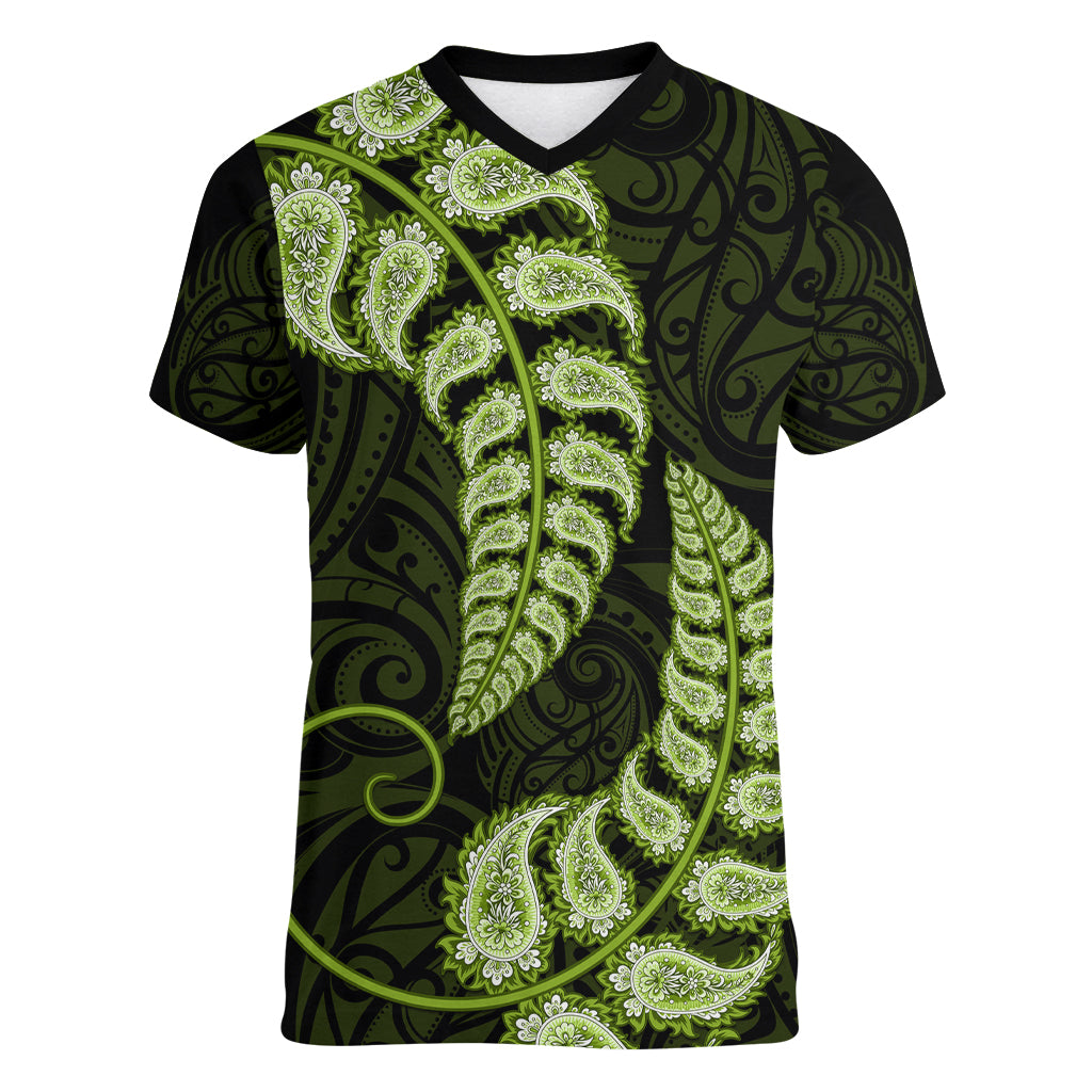 Green New Zealand Paisley Silver Fern Women V Neck T Shirt Aotearoa Maori - Vibe Hoodie Shop