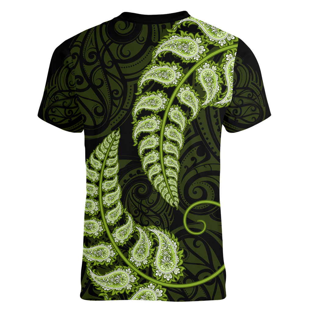 Green New Zealand Paisley Silver Fern Women V Neck T Shirt Aotearoa Maori - Vibe Hoodie Shop