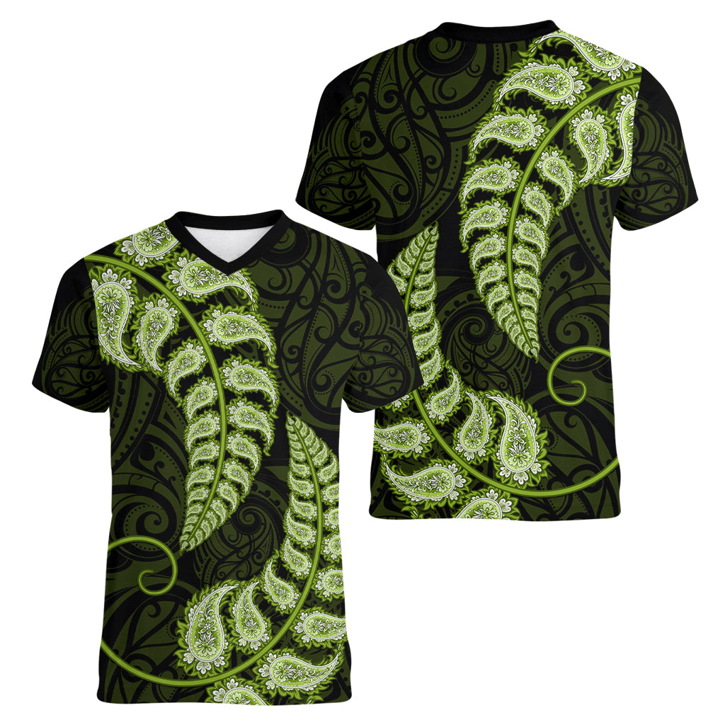 Green New Zealand Paisley Silver Fern Women V Neck T Shirt Aotearoa Maori - Vibe Hoodie Shop