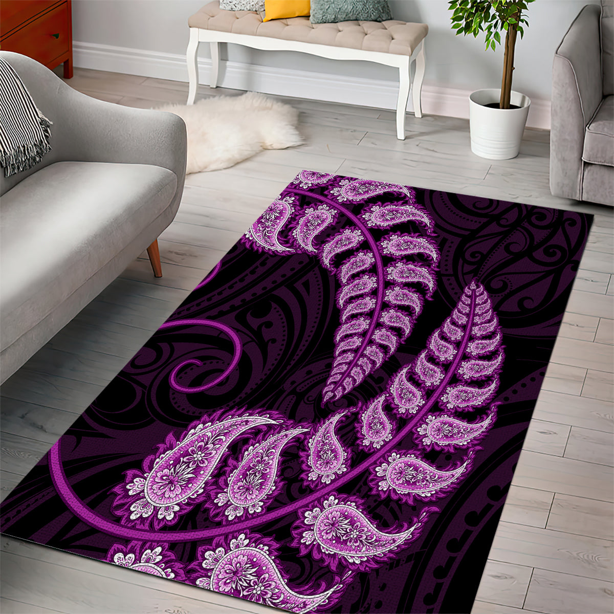 Purple New Zealand Paisley Silver Fern Area Rug Aotearoa Maori - Vibe Hoodie Shop