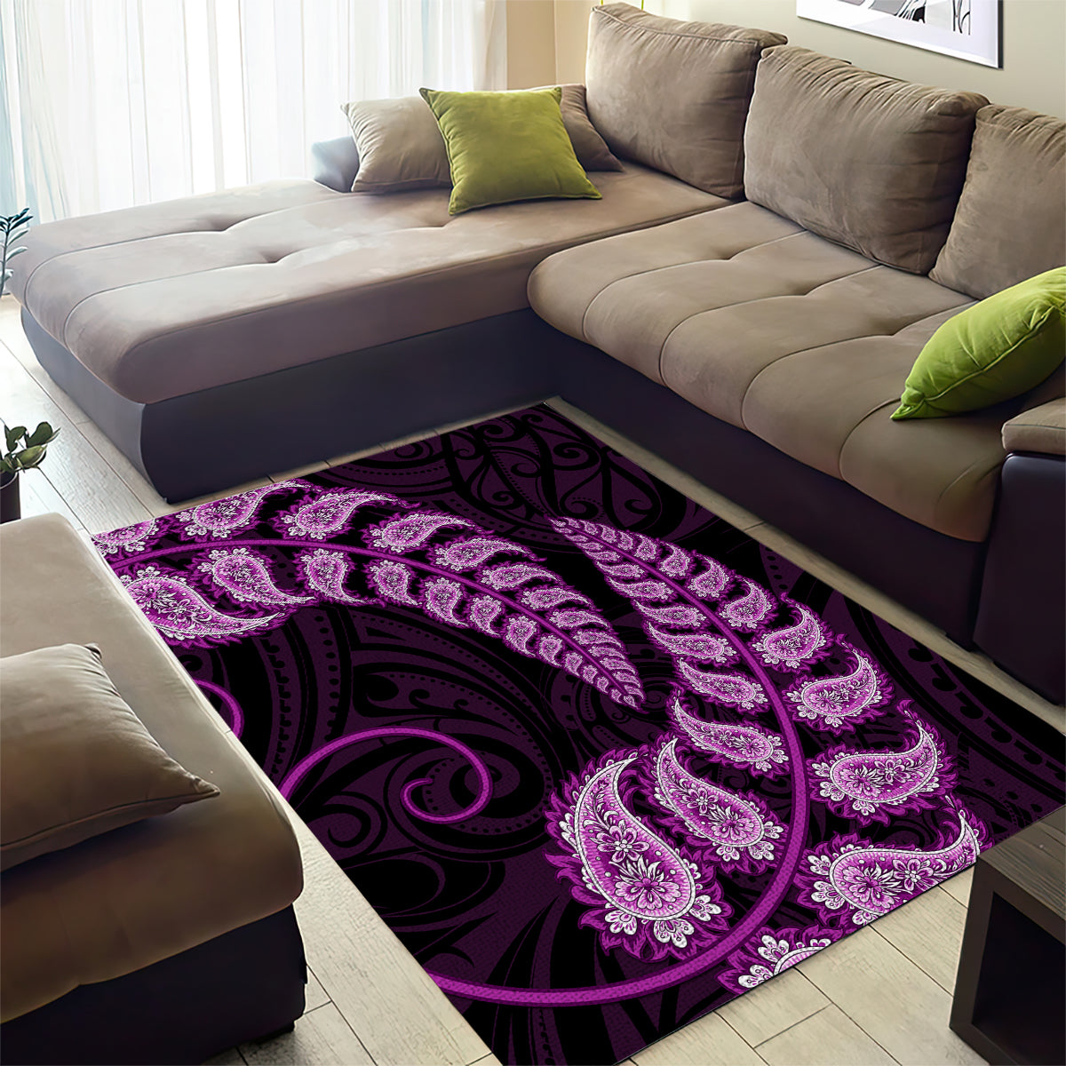 Purple New Zealand Paisley Silver Fern Area Rug Aotearoa Maori - Vibe Hoodie Shop