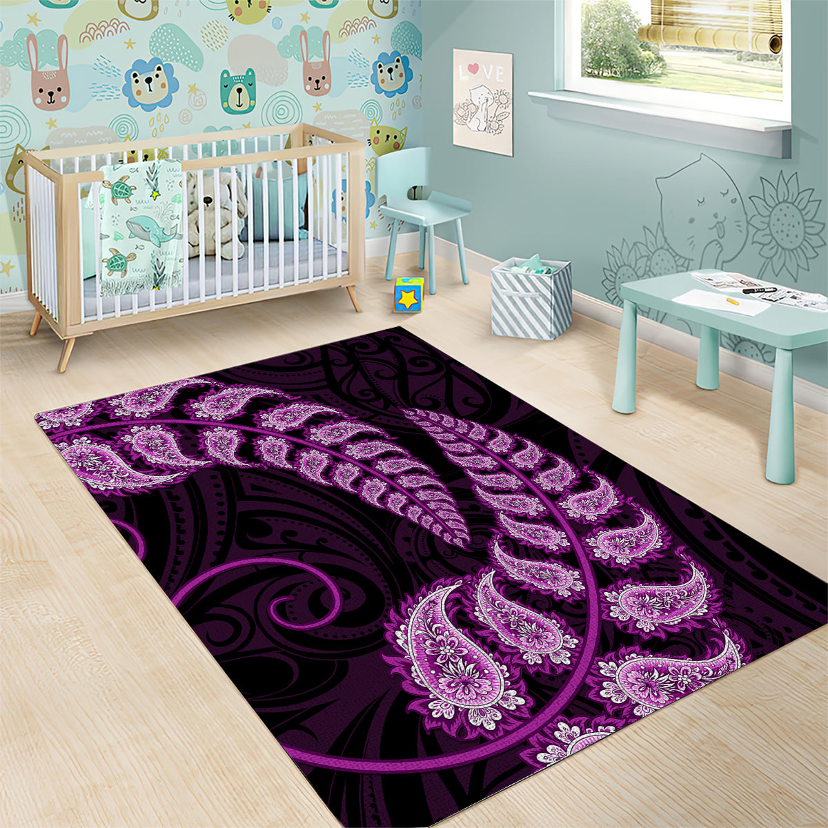 Purple New Zealand Paisley Silver Fern Area Rug Aotearoa Maori - Vibe Hoodie Shop