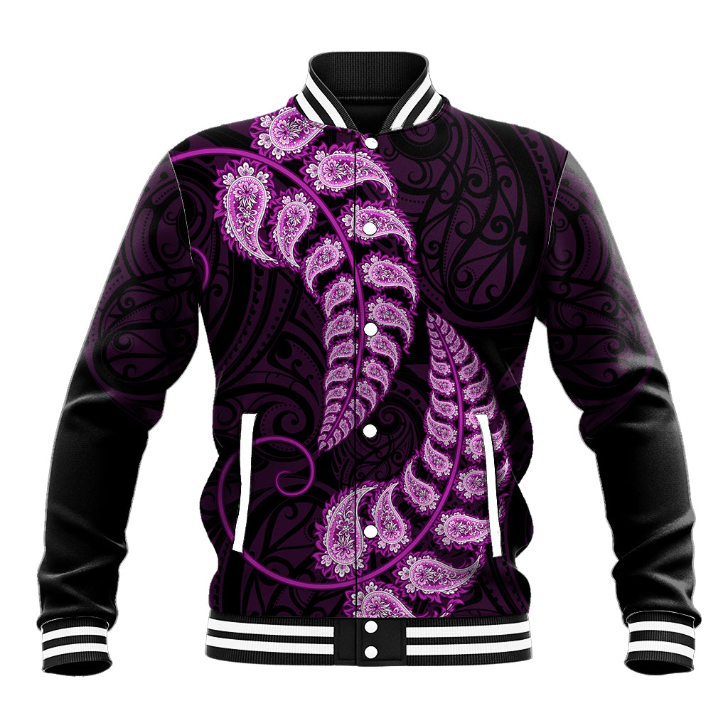 Purple New Zealand Paisley Silver Fern Baseball Jacket Aotearoa Maori - Vibe Hoodie Shop