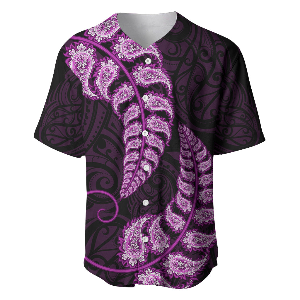 Purple New Zealand Paisley Silver Fern Baseball Jersey Aotearoa Maori - Vibe Hoodie Shop